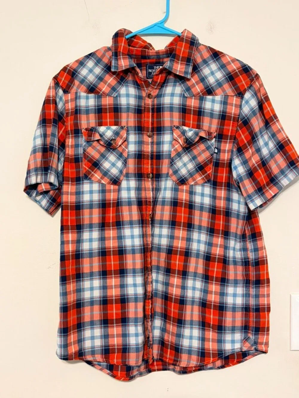 Men's Orange Blue Plaid The North Face Button Down Short Sleeve Shirt Sz Medium